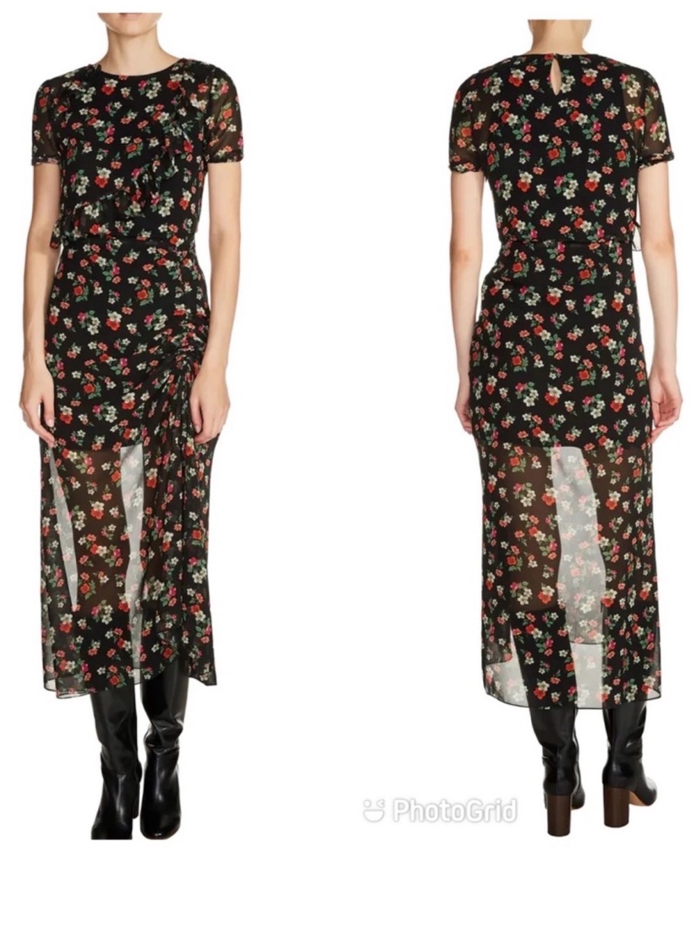Maje M Rancho Floral Chiffon Ruched Ruffle Midi Dress Sz 2 , Medium - Picture 1 of 13